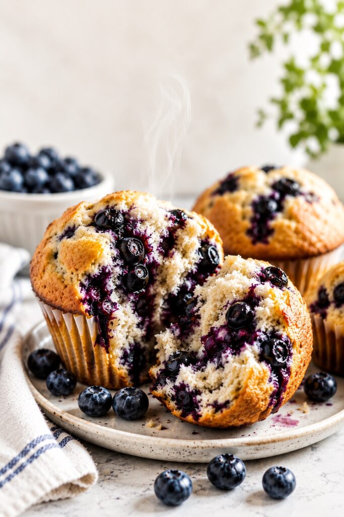 Healthy blueberry muffins on ceramic plate with one muffin split open showing moist crumb and fresh blueberries