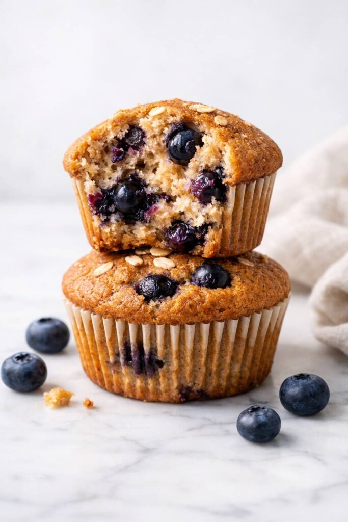 Healthy blueberry muffins stacked on white marble surface with one muffin split open showing moist crumb and fresh blueberries