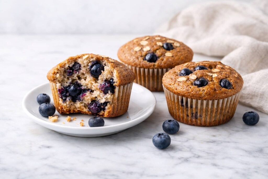 Whole wheat healthy blueberry muffins on white marble surface with one muffin cut open showing moist crumb and fresh blueberries