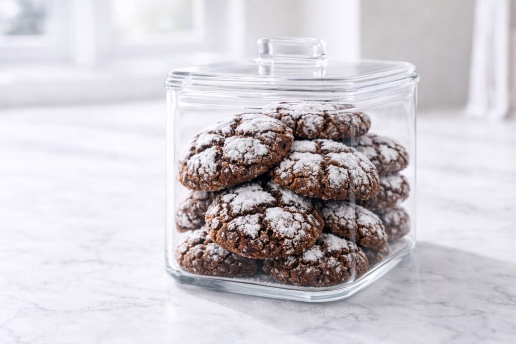 Chocolate crinkle cookies stored in airtight glass container