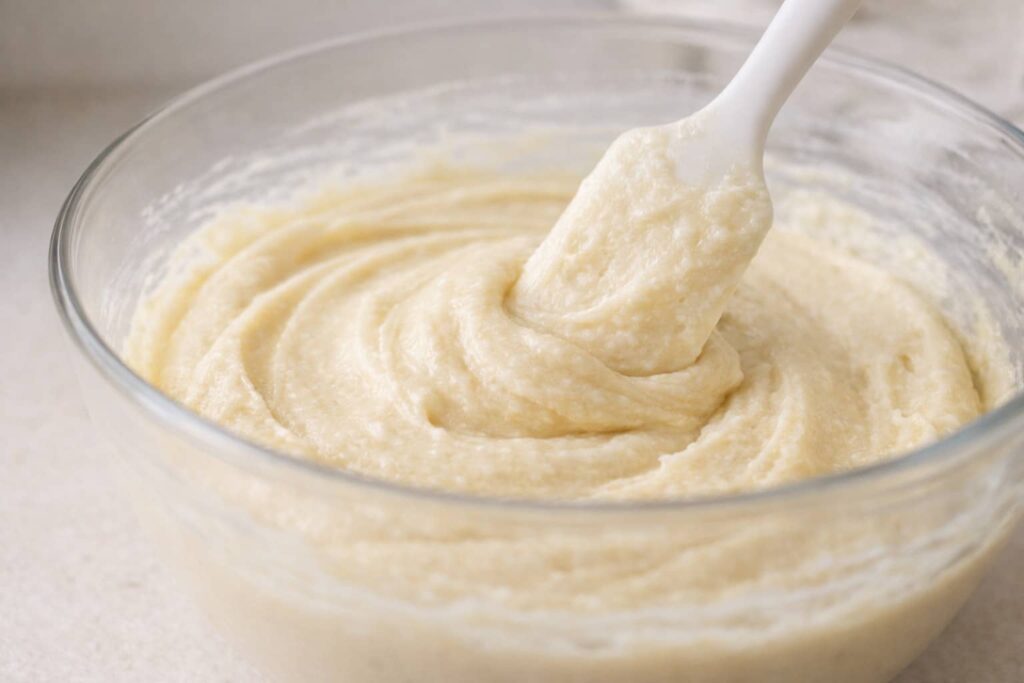 Pound cake batter being gently mixed in a bowl with a spatula