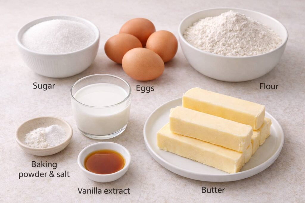 Ingredient list for classic pound cake recipe