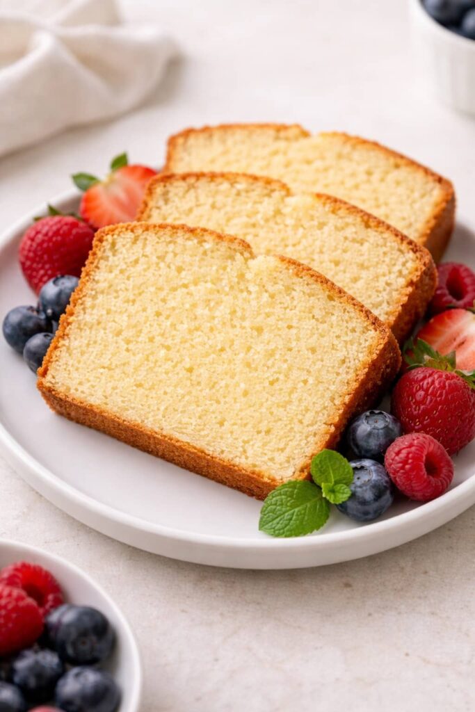 Slices of classic pound cake served with fresh berries on a plate