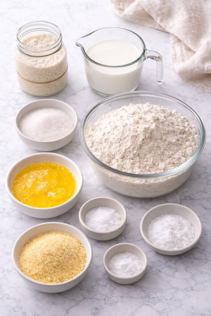 Ingredients for sourdough English muffins including flour, sourdough starter, milk, butter, sugar, salt, baking soda, and cornmeal