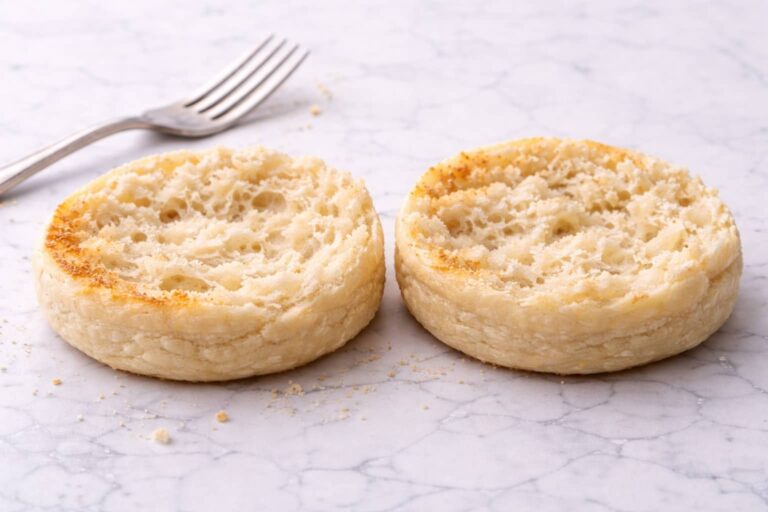 Homemade sourdough English muffins with airy nooks and melted butter