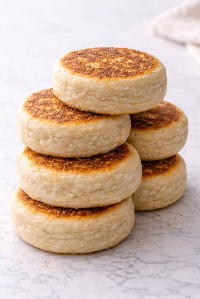 Stack of homemade sourdough English muffins with golden skillet crust