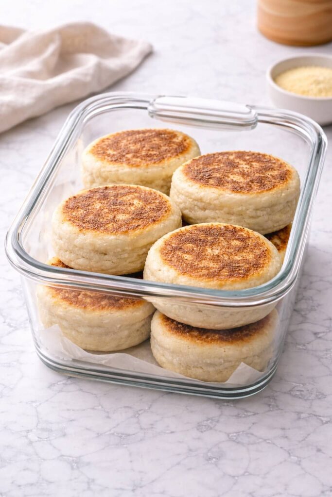 Sourdough English muffins stored in an airtight glass container