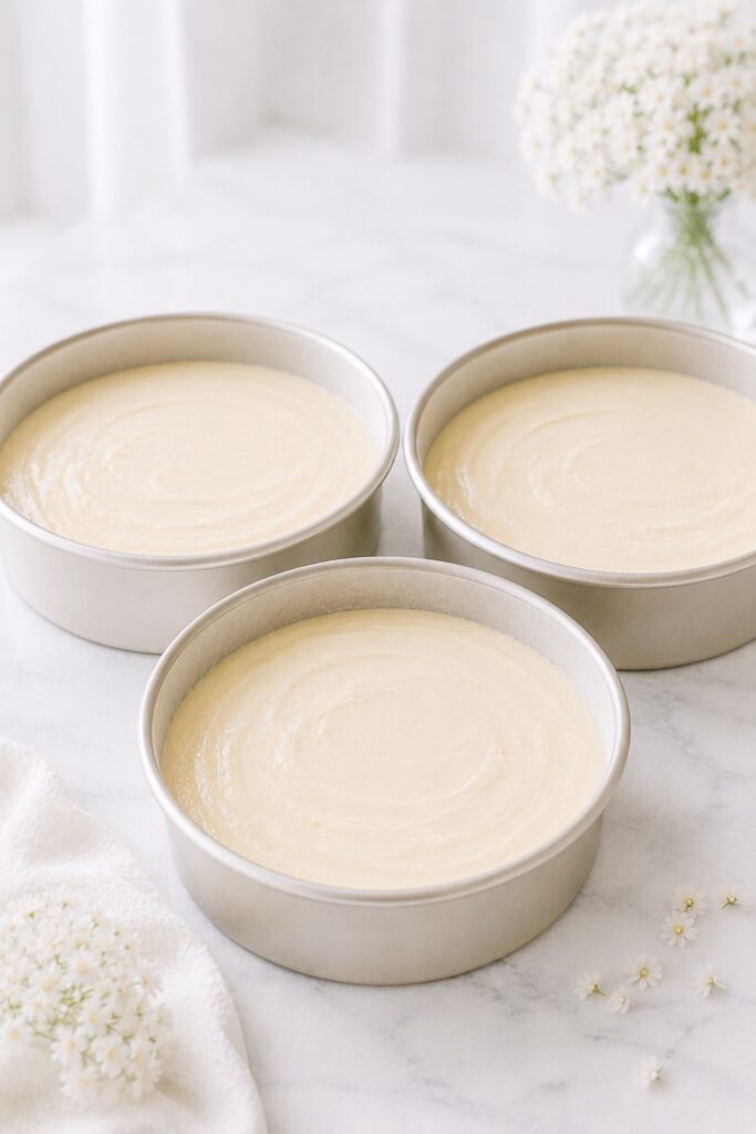 White Cake Batter Divided Into Pans