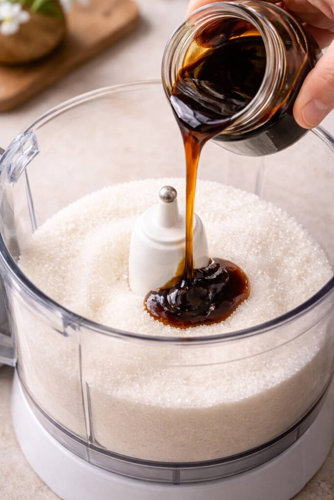 Adding molasses to white sugar in a food processor