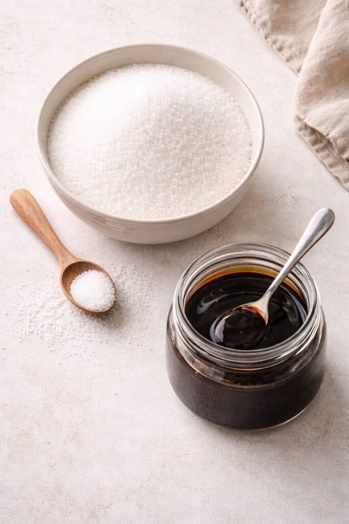 White sugar and molasses ingredients for homemade brown sugar