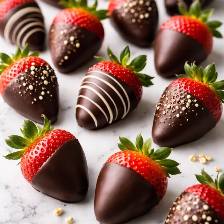 Chocolate covered strawberries with glossy dark chocolate on white marble