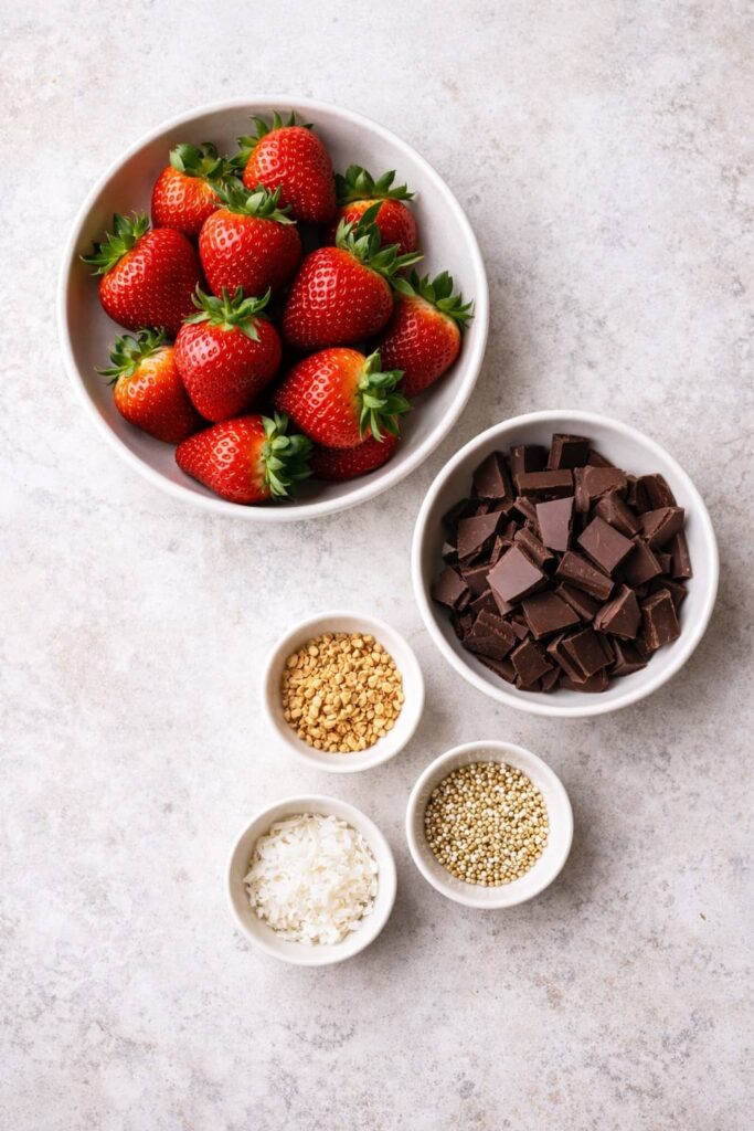 Ingredients for chocolate covered strawberries including fresh strawberries and dark chocolate