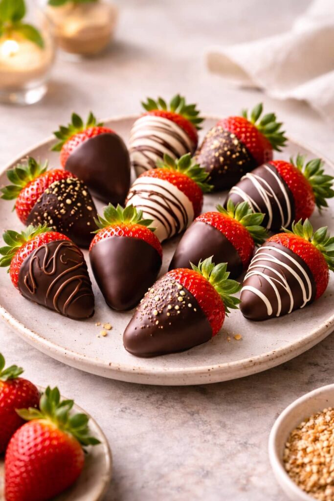 Finished chocolate covered strawberries served on a ceramic plate