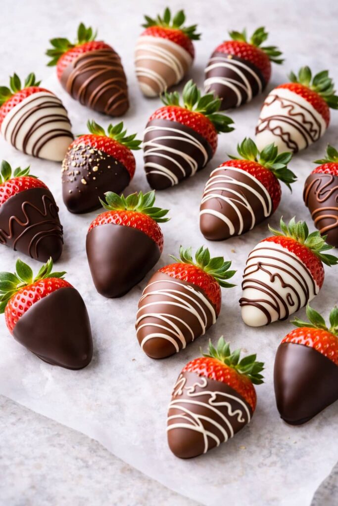 Assorted chocolate covered strawberries with dark milk and white chocolate drizzle
