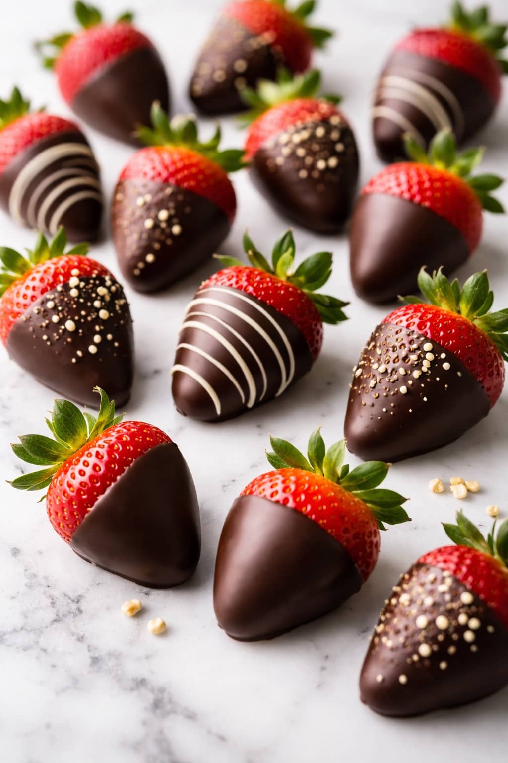 Chocolate covered strawberries with glossy dark chocolate on white marble