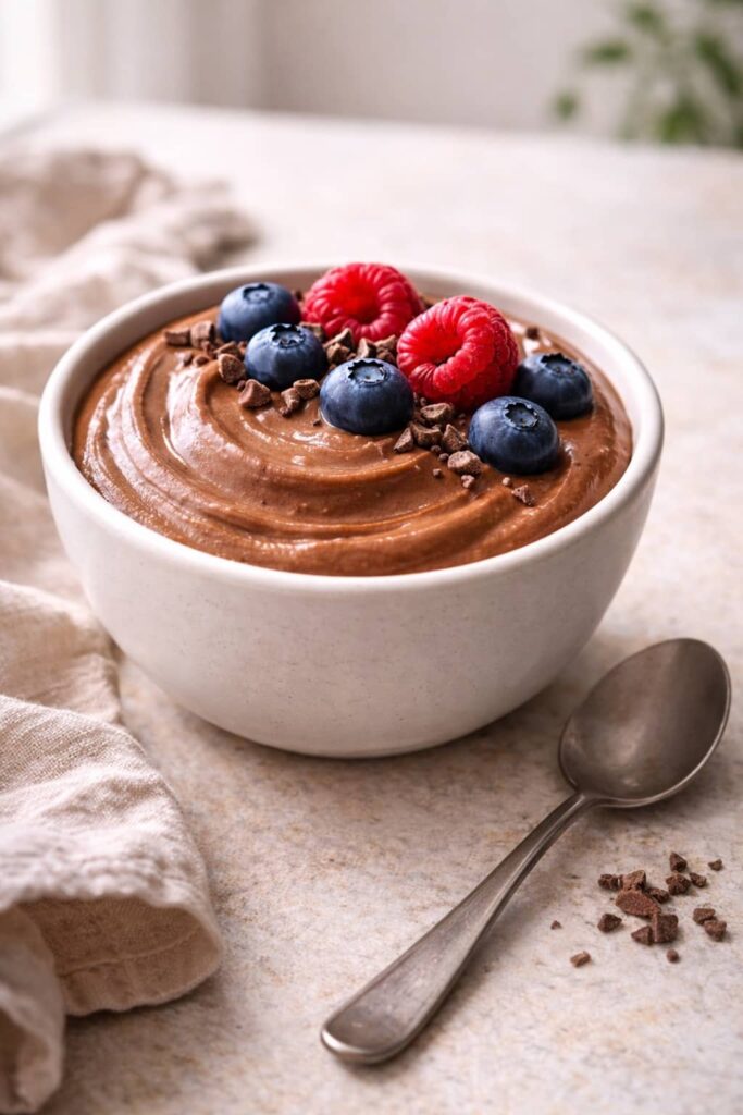 cottage cheese chocolate mousse dessert on kitchen counter