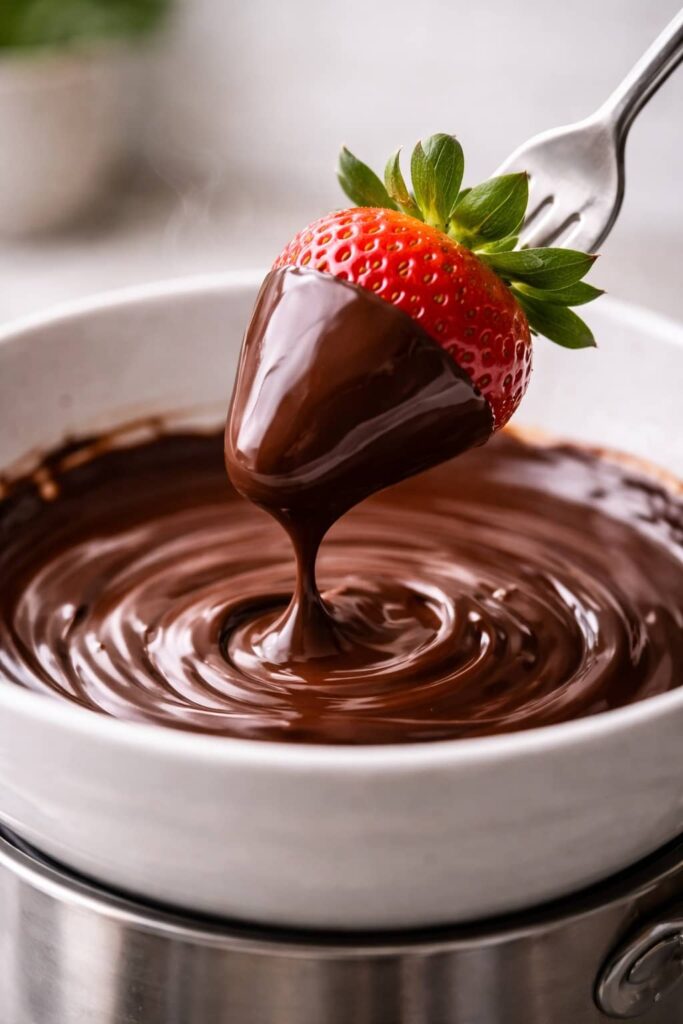 Dipping a fresh strawberry into melted chocolate