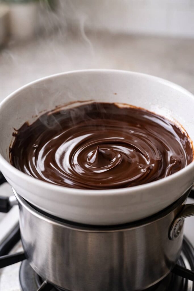 Melted dark chocolate in a bowl over a double boiler