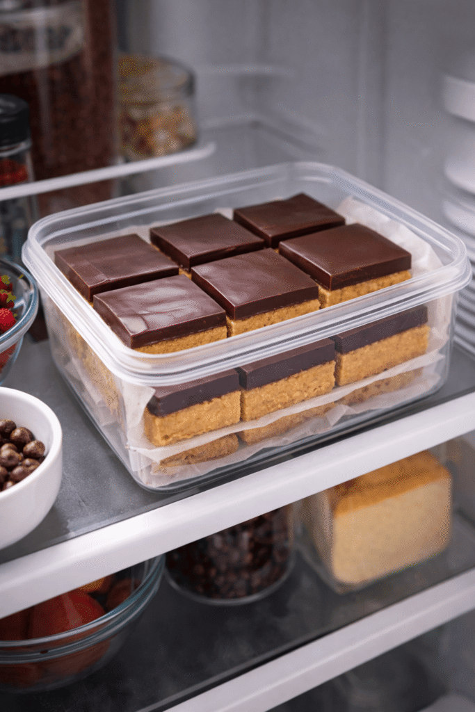 no bake peanut butter bars stored in fridge