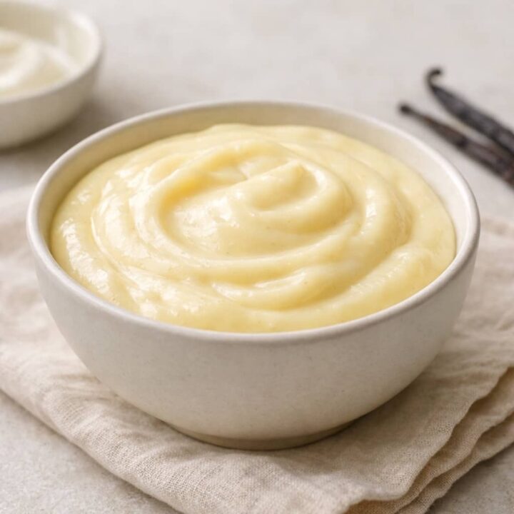 Creamy homemade vanilla pudding with smooth texture served in a ceramic bowl