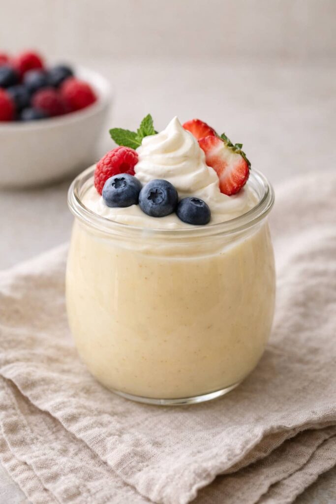 Vanilla pudding served in a glass jar topped with whipped cream and fresh berries