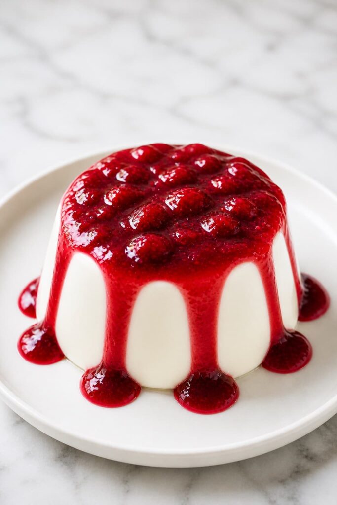 Classic Italian Panna Cotta with Berry Sauce Classic panna cotta with glossy berry sauce served on a white plate, creamy smooth texture
