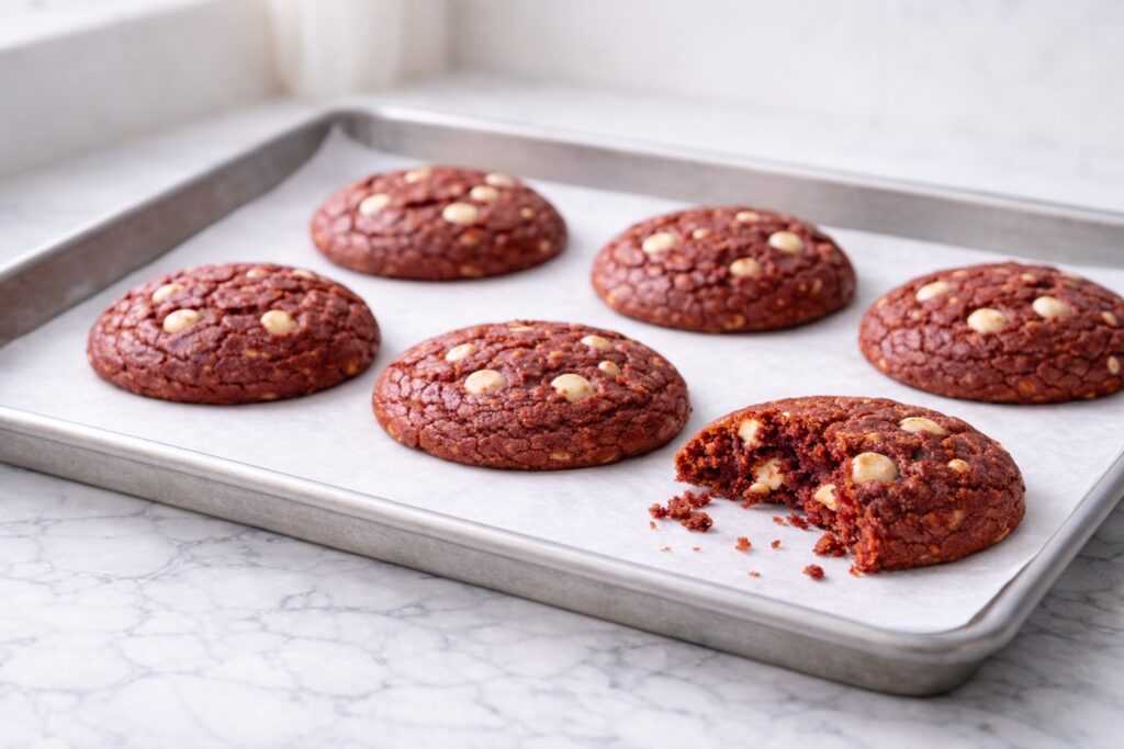 fresh baked red velvet cookies on parchment lined baking tray