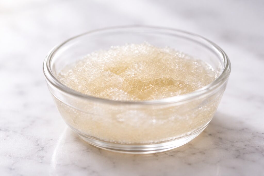 Blooming Gelatin for Panna Cotta Gelatin blooming in water showing hydrated texture for panna cotta preparation