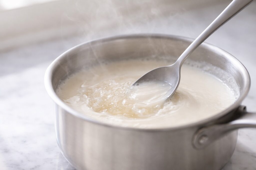 Dissolving Gelatin into Cream Mixture Gelatin dissolving into warm panna cotta cream mixture creating smooth texture