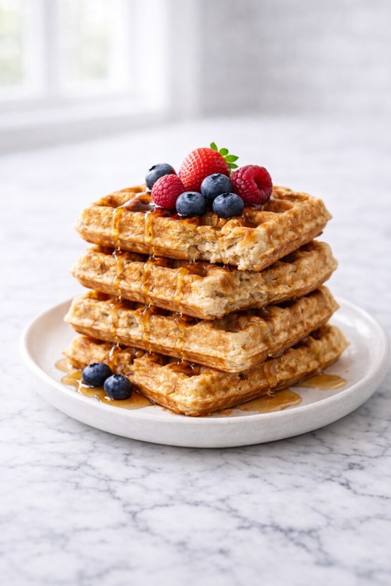 High protein waffles stacked on a plate with golden crispy edges, soft oat-based interior, and light maple syrup drizzle