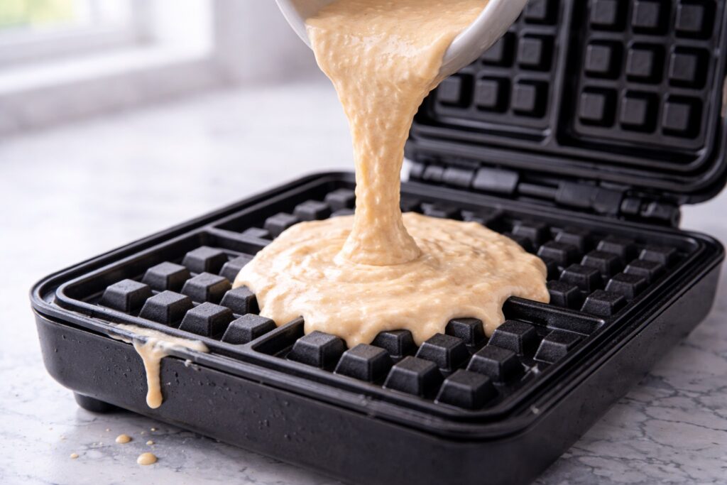 Pouring thick high protein waffle batter into a square waffle iron showing oat-based texture