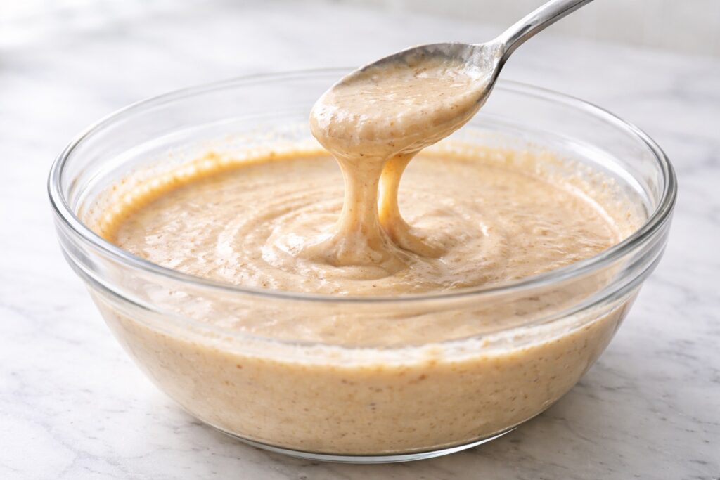 High protein waffle batter consistency showing thick smooth texture before cooking