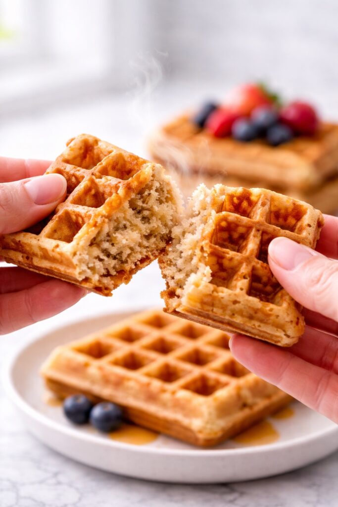 High protein waffles broken open showing soft slightly dense oat-based interior