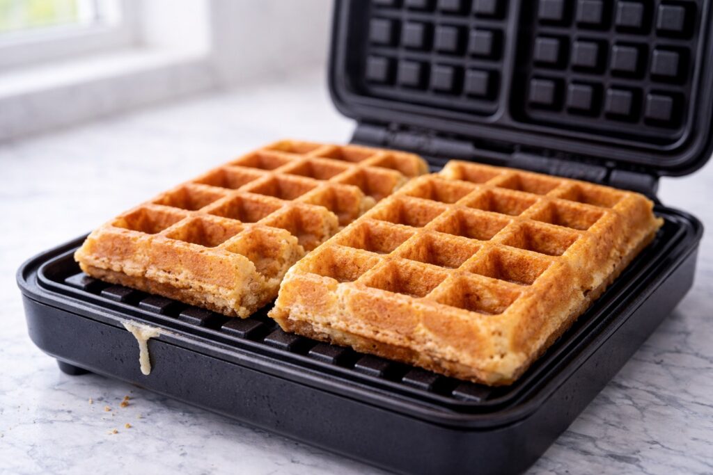 High protein waffles cooking inside waffle iron with golden crisp surface and structure