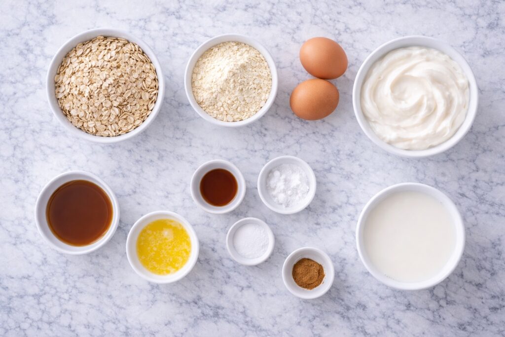 Ingredients for high protein waffles including oats, protein powder, eggs, yogurt, milk and maple syrup arranged on marble surface