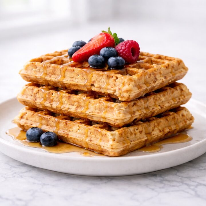 High protein waffles served on a plate with golden crispy edges and soft interior