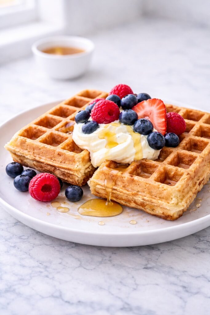 High protein waffles served with Greek yogurt, fresh berries and honey on a plate