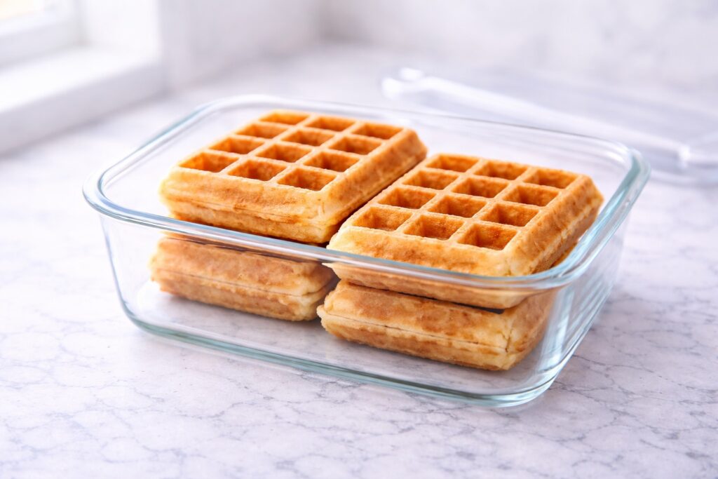 High protein waffles stored in a glass container for meal prep showing stacked waffles