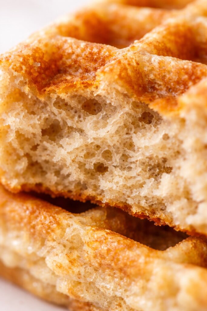 Close-up of high protein waffle interior showing oat-based crumb and texture contrast