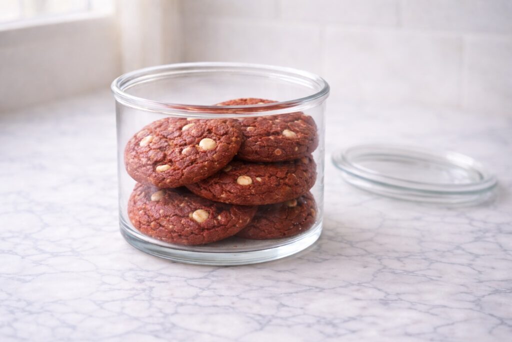 red velvet cookies stored in airtight glass container