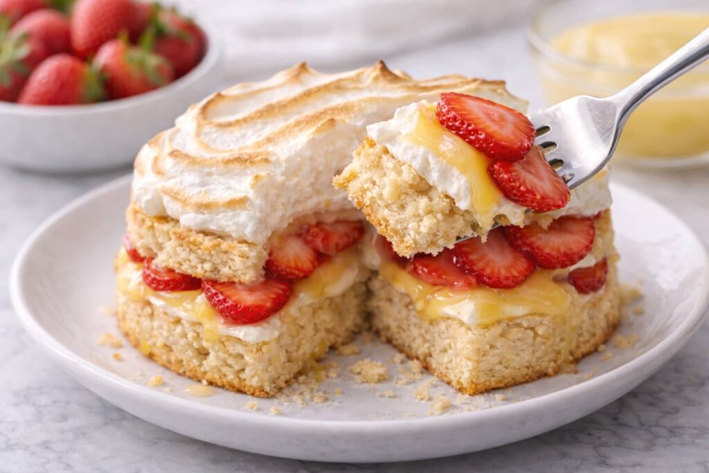 Fork Cutting Strawberry Shortcake fork cutting lemon meringue strawberry shortcake