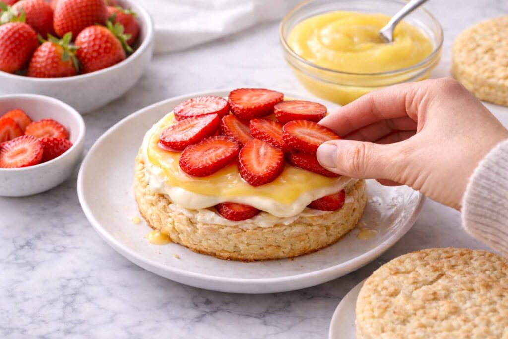 Layering Strawberry Shortcake layering strawberries and lemon curd for strawberry shortcake