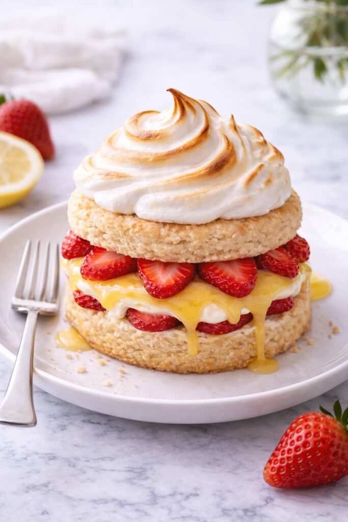 Serving Lemon Meringue Strawberry Shortcake lemon meringue strawberry shortcake served on white plate