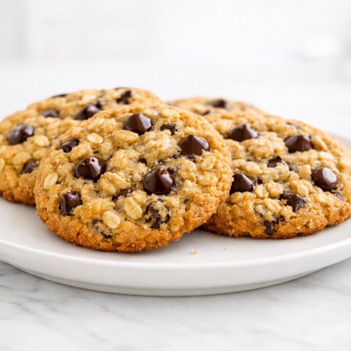 Oatmeal chocolate chip cookies on a white plate, soft and chewy with golden edges and visible oats and chocolate chips
