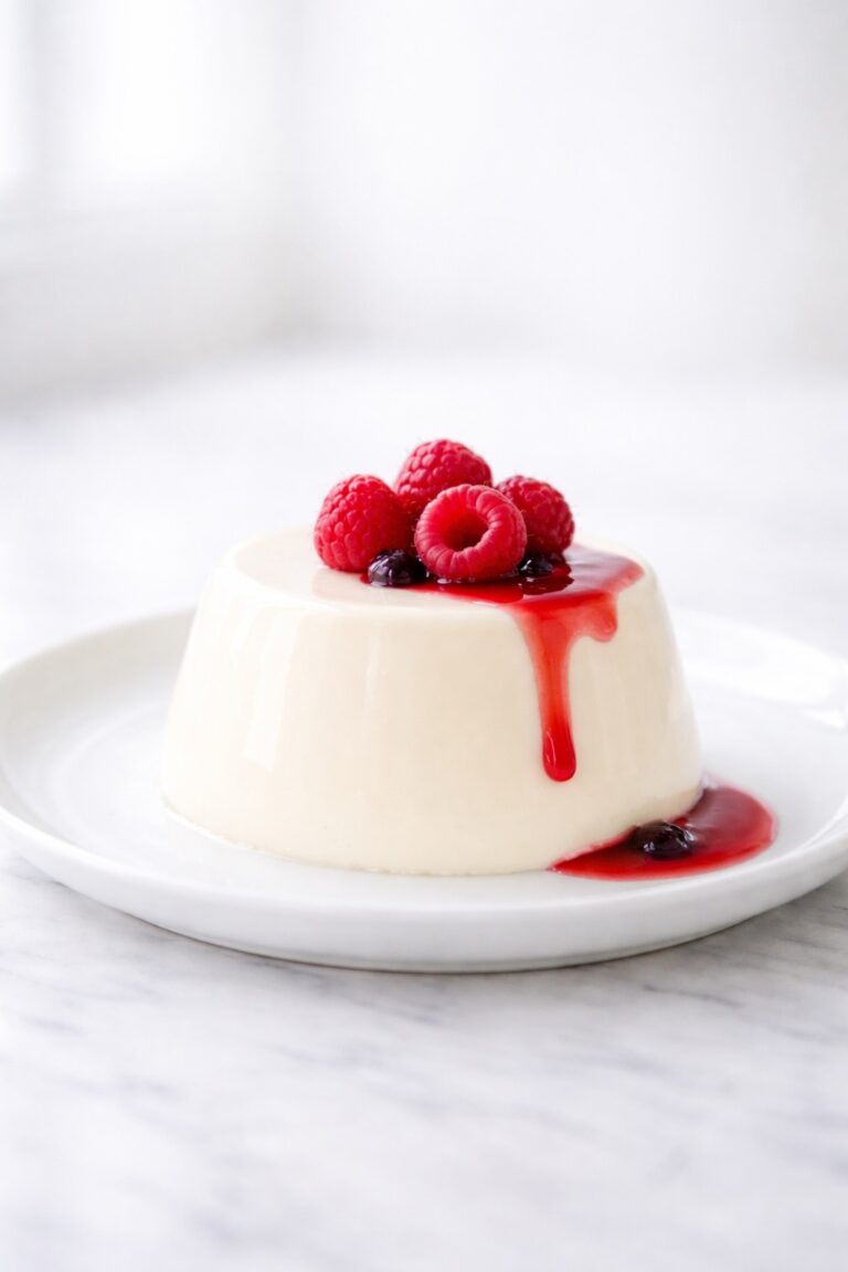 Perfectly smooth panna cotta with raspberry sauce and fresh berries on white plate showing silky creamy texture