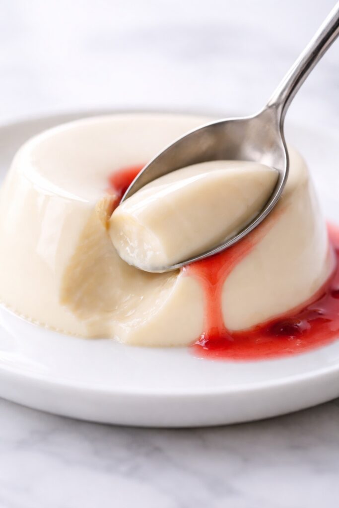 Panna Cotta Creamy Texture Close-Up Spoon cutting into panna cotta revealing smooth creamy interior and soft delicate texture