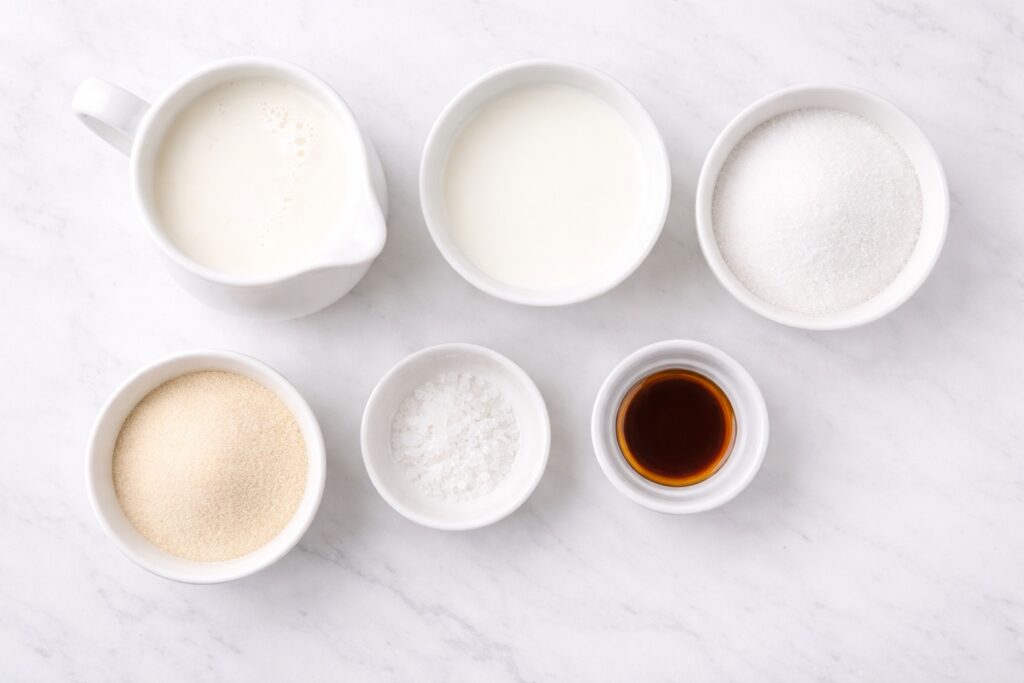 Panna Cotta Ingredients Flat Lay Panna cotta ingredients including cream milk sugar gelatin and vanilla arranged in bowls