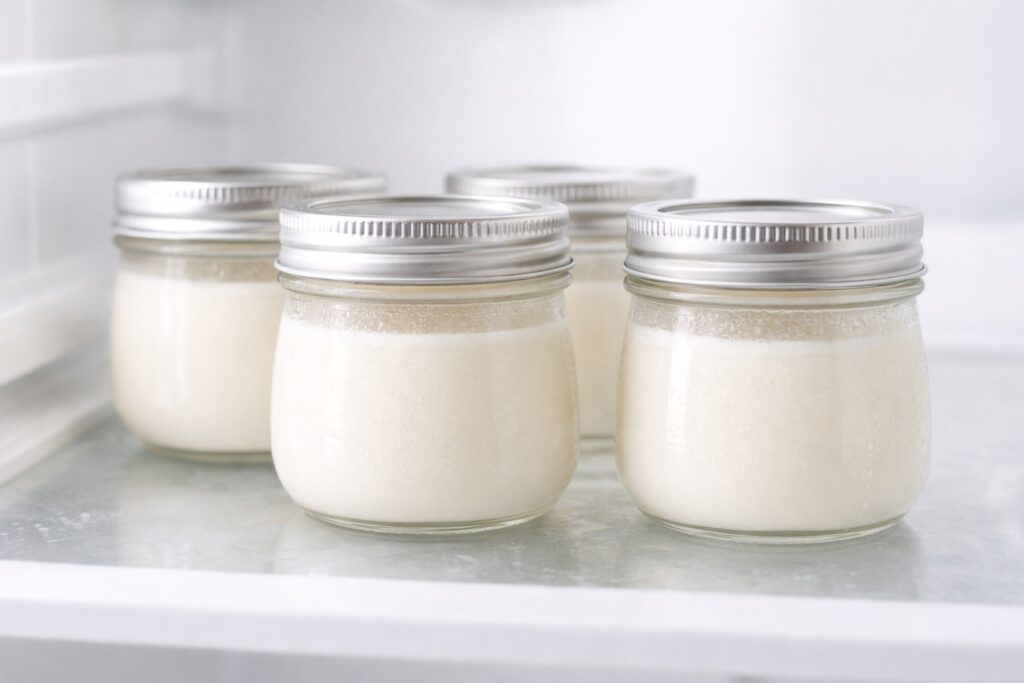 Panna Cotta Stored in Refrigerator Panna cotta stored in glass jars in refrigerator for make ahead dessert