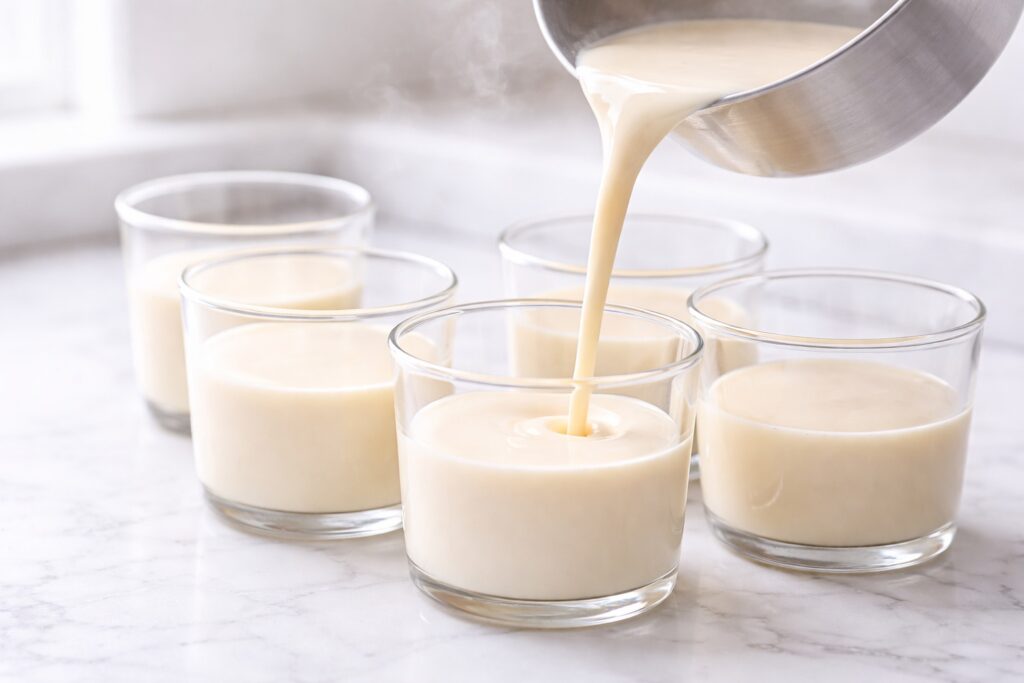 Pouring Panna Cotta into Glasses Panna cotta mixture being poured into glasses showing smooth liquid consistency