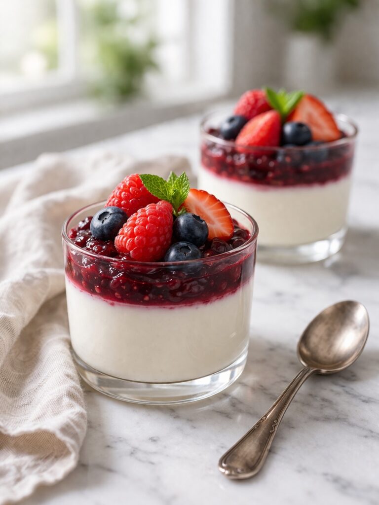 Panna Cotta Served in Glass with Berry Layer Layered panna cotta dessert in glass with creamy base and berry topping